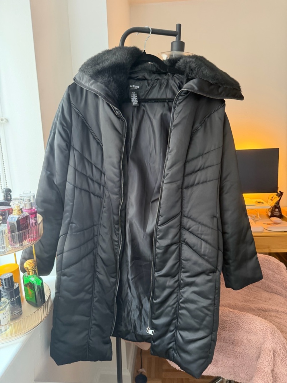 Alfani Petite Black Faux-Fur Trim Puffer Coat - Picture 3 of 5